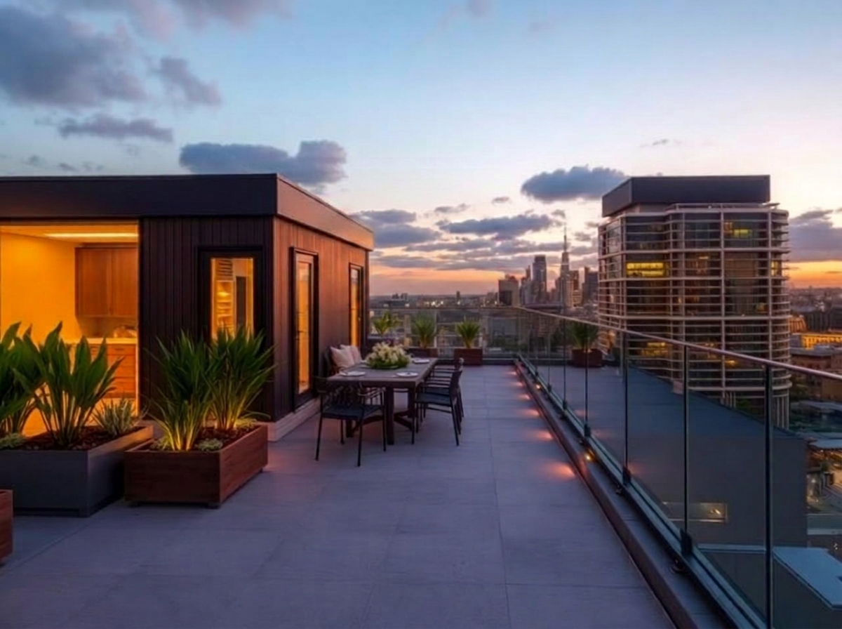 Rooftop terrace of a modular home overlooking an inner-city skyline at dusk