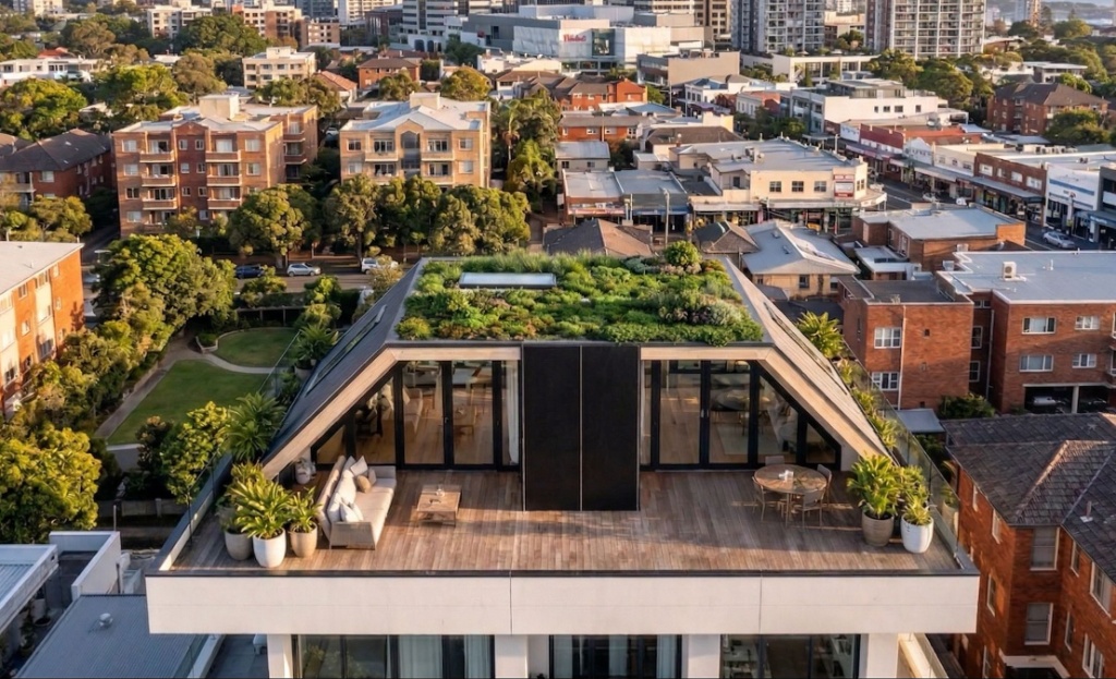 Aerial view of a rooftop home with a planted green roof and wraparound timber terrace
